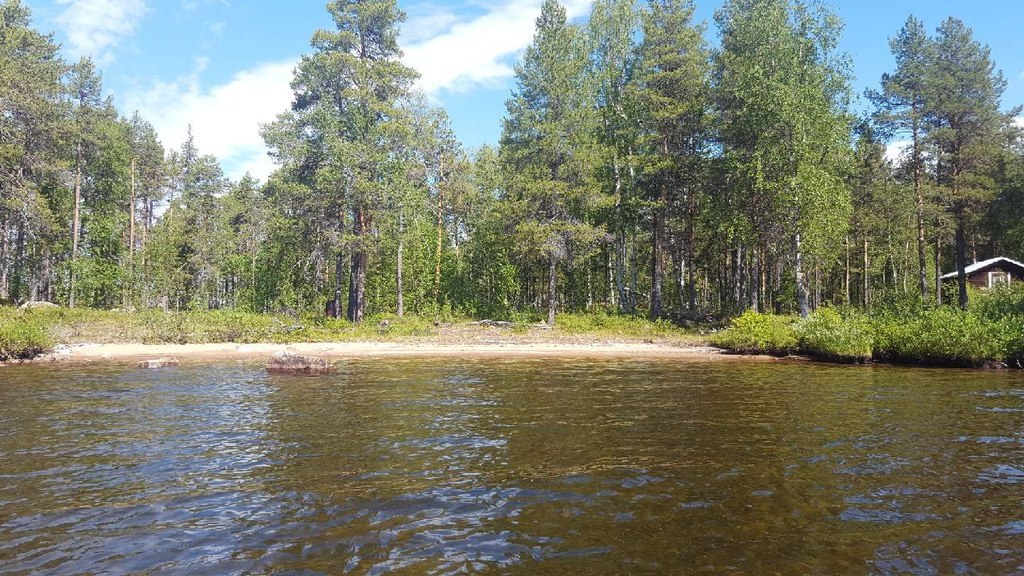 Säljares bild. Timrad stuga på den större holmen nära en härlig strandremsa med långgrund.